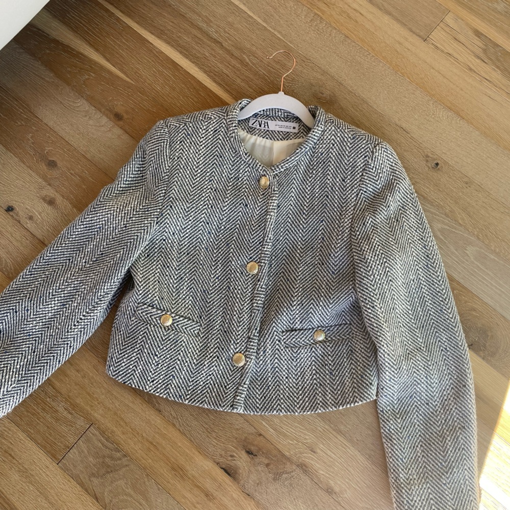 Zara blazer jacket grey and blue with gold detail